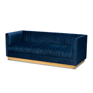 Baxton Studio Aveline Glam and Luxe Navy Blue Velvet Fabric Upholstered Brushed Gold Finished Sofa