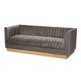 Baxton Studio Aveline Glam and Luxe Grey Velvet Fabric Upholstered Brushed Gold Finished Sofa