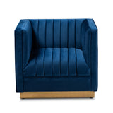 Baxton Studio Aveline Glam and Luxe Navy Blue Velvet Fabric Upholstered Brushed Gold Finished Armchair
