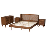 Baxton Studio Rina Mid-Century Modern Ash Walnut Finished Wood 4-Piece King Size Bedroom Set with Synthetic Rattan