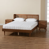 Baxton Studio Rina Mid-Century Modern Ash Walnut Finished Wood 3-Piece King Size Bedroom Set with Synthetic Rattan