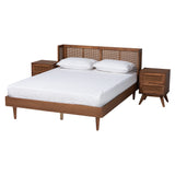 Rina Mid-Century Modern Ash Walnut Finished Wood Bedroom Set with Synthetic Rattan