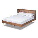 Rina Mid-Century Modern Ash Wanut Finished Wood and Synthetic Rattan Queen Size Platform Bed with Wrap-Around Headboard