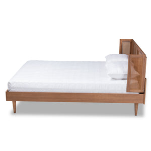 Baxton Studio Rina Mid-Century Modern Ash Wanut Finished Wood and Synthetic Rattan King Size Platform Bed with Wrap-Around Headboard