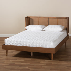 Baxton Studio Rina Mid-Century Modern Ash Wanut Finished Wood and Synthetic Rattan King Size Platform Bed with Wrap-Around Headboard