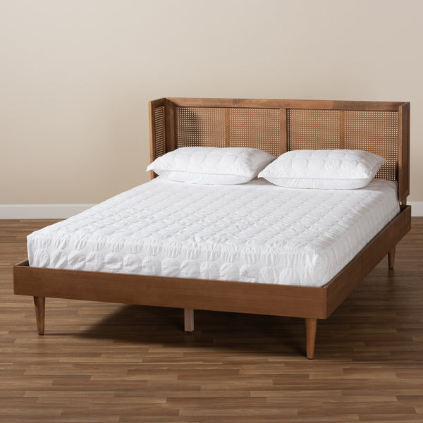 Baxton Studio Rina Mid-Century Modern Ash Wanut Finished Wood and Synthetic Rattan King Size Platform Bed with Wrap-Around Headboard