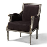 Georgette Classic and Traditional French Inspired Brown Velvet Upholstered Grey Finished Armchair with Goldleaf Detailing