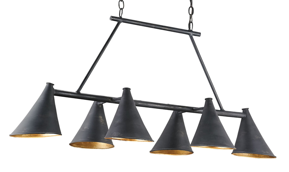 Culpepper Rustic Mid-Century Rectangular Chandelier in French Black & Gold Leaf Finish, 48" Wide