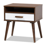 Quinn Mid-Century Modern Two-Tone White and Walnut Finished 1-Drawer Wood End Table