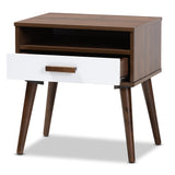 Baxton Studio Quinn Mid-Century Modern Two-Tone White and Walnut Finished 1-Drawer Wood End Table