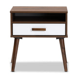 Baxton Studio Quinn Mid-Century Modern Two-Tone White and Walnut Finished 1-Drawer Wood End Table