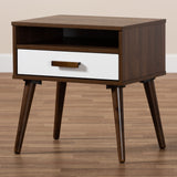 Baxton Studio Quinn Mid-Century Modern Two-Tone White and Walnut Finished 1-Drawer Wood End Table