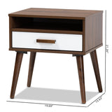 Baxton Studio Quinn Mid-Century Modern Two-Tone White and Walnut Finished 1-Drawer Wood End Table