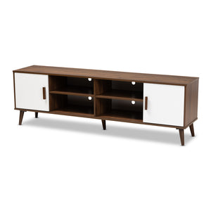 Baxton Studio Quinn Mid-Century Modern Two-Tone White and Walnut Finished 2-Door Wood TV Stand