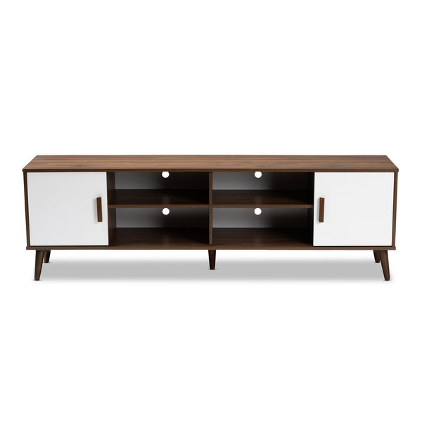 Baxton Studio Quinn Mid-Century Modern Two-Tone White and Walnut Finished 2-Door Wood TV Stand