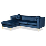 Giselle Glam and Luxe Navy Blue Velvet Fabric Upholstered Mirrored Gold Finished Left Facing Sectional Sofa with Chaise