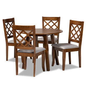 Adara Modern and Contemporary Grey Fabric Upholstered and Walnut Brown Finished Wood 5-Piece Dining Set
