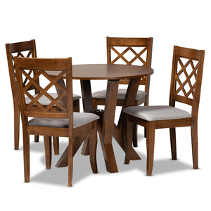 Zoe Modern and Contemporary Grey Fabric Upholstered and Walnut Brown Finished Wood 5-Piece Dining Set