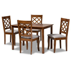 Sari Modern and Contemporary Grey Fabric Upholstered and Walnut Brown Finished Wood 5-Piece Dining Set