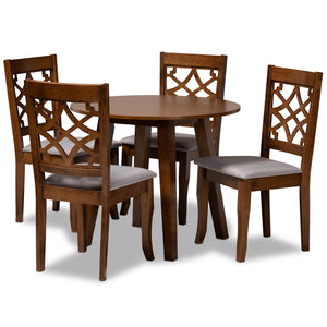 Mya Modern and Contemporary Grey Fabric Upholstered and Walnut Brown Finished Wood 5-Piece Dining Set