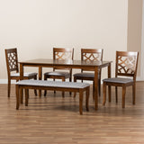Baxton Studio Dori Modern and Contemporary Grey Fabric Upholstered and Walnut Brown Finished Wood 6-Piece Dining Set