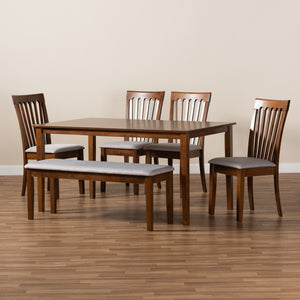 Minette Modern and Contemporary Grey Fabric Upholstered and Walnut Brown Finished Wood 6-Piece Dining Set
