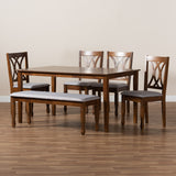 Reneau Modern and Contemporary Grey Fabric Upholstered and Walnut Brown Finished Wood 6-Piece Dining Set
