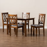 Sefa Modern and Contemporary Grey Fabric Upholstered and Walnut Brown Finished Wood 5-Piece Dining Set