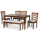 Lanier Modern and Contemporary Grey Fabric Upholstered and Walnut Brown Finished Wood 6-Piece Dining Set