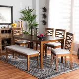 Lanier Modern and Contemporary Grey Fabric Upholstered and Walnut Brown Finished Wood 6-Piece Dining Set