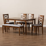 Lanier Modern and Contemporary Grey Fabric Upholstered and Walnut Brown Finished Wood 6-Piece Dining Set