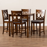 Lenoir Modern and Contemporary Grey Fabric Upholstered Walnut Brown Finished 5-Piece Wood Pub Set