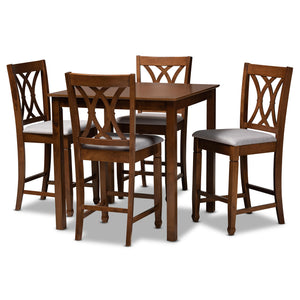 Reneau Modern and Contemporary Grey Fabric Upholstered Walnut Brown Finished 5-Piece Wood Pub Set