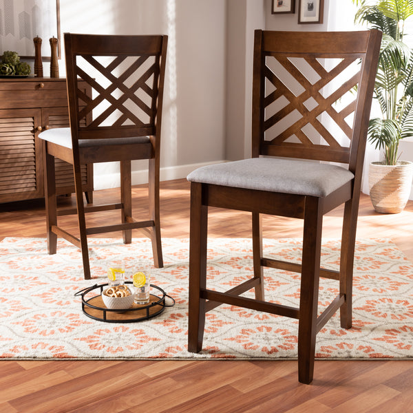 Baxton Studio Caron Modern and Contemporary Grey Fabric Upholstered Walnut Brown Finished 2-Piece Wood Counter Height Pub Chair Set Set