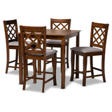 Alora Modern and Contemporary Grey Fabric Upholstered Walnut Brown Finished 5-Piece Wood Pub Set