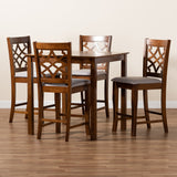 Nisa Modern and Contemporary Grey Fabric Upholstered Walnut Brown Finished Wood 5-Piece Pub Set
