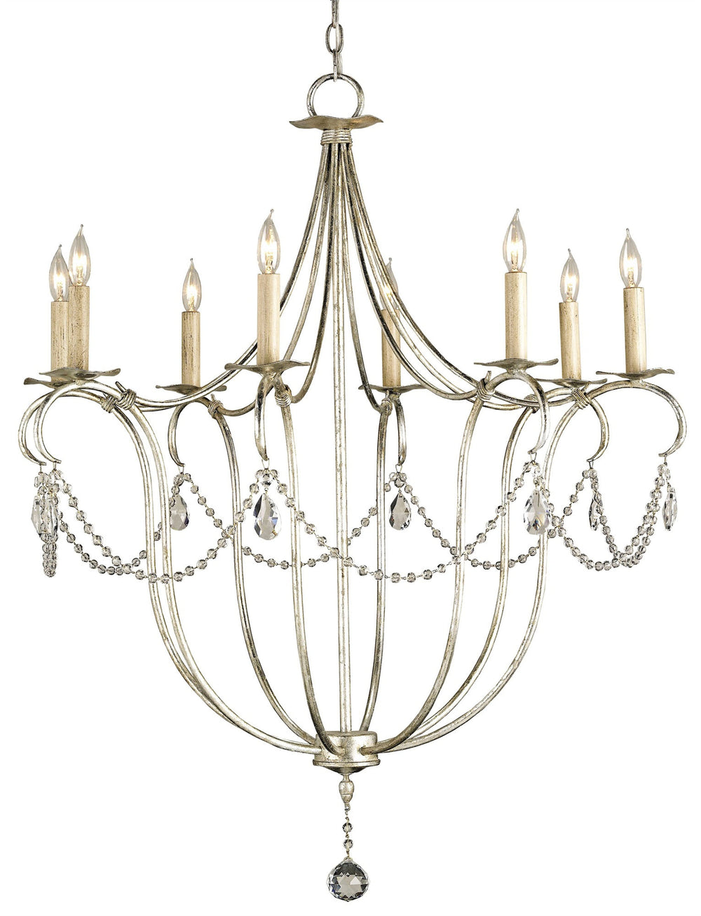 Crystal Silver Large Chandelier - Elegant Wrought Iron with Stunning Teardrop Pendants & Beads