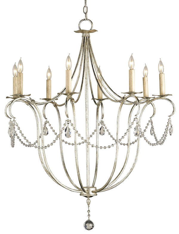 Crystal Silver Large Chandelier - Elegant Wrought Iron with Stunning Teardrop Pendants & Beads