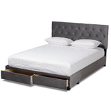 Baxton Studio Caronia Modern and Contemporary Grey Velvet Fabric Upholstered 2-Drawer Queen Size Platform Storage Bed