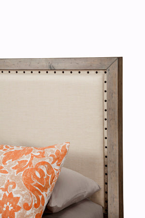 Classic Queen Panel Headboard – Elegant Pine & Linen Design with Antique Gray Finish and Nailhead Trim