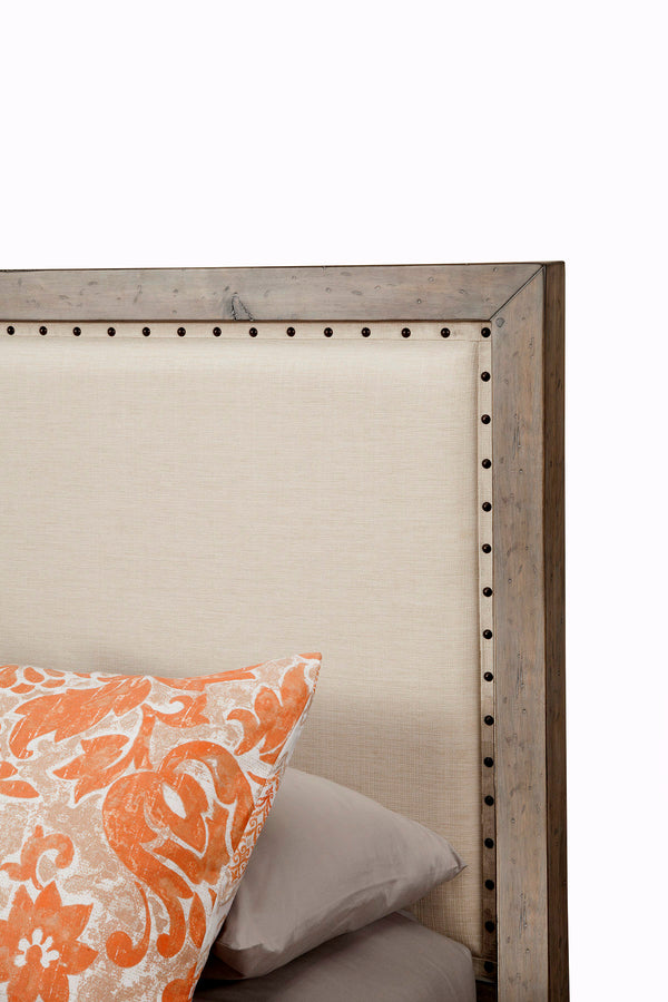 Classic Queen Panel Headboard – Elegant Pine & Linen Design with Antique Gray Finish and Nailhead Trim
