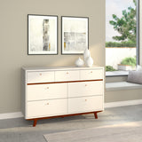 Alpine Furniture Dakota 7 Drawer Dresser 1974-03 White with Acorn Accents Mahogany Solids & Veneer 56 x 18 x 36