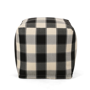 Noble House Konnor Modern Fabric Checkered Cube Pouf, Ivory and Black