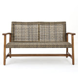 Hampton Outdoor Wood and Wicker Loveseat, Natural Finish with Gray Wicker Noble House