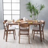 Bryner Mid-Century Modern 5 Piece Dining Set, Light Beige and Natural Walnut Noble House