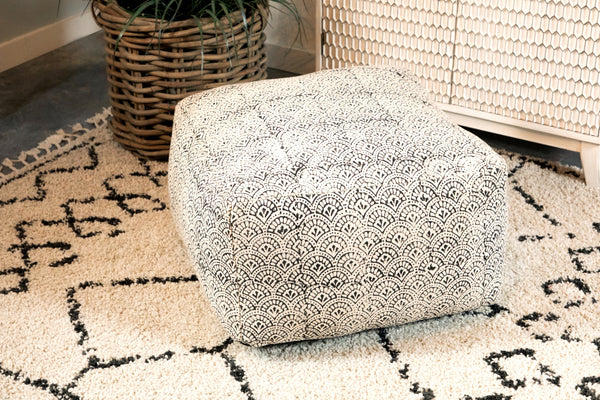 Casual Ink Block Pattern Pouf - Bohemian Cream and Black Accent Stool for Versatile Seating Options