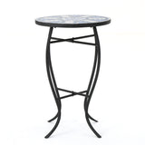 Han Outdoor Blue and White Ceramic Tile Side Table with Iron Frame Noble House