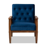 Baxton Studio Sorrento Mid-century Modern Navy Blue Velvet Fabric Upholstered Walnut Finished Wooden Lounge Chair