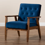 Baxton Studio Sorrento Mid-century Modern Navy Blue Velvet Fabric Upholstered Walnut Finished Wooden Lounge Chair