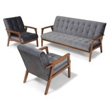 Asta Mid-Century Modern Velvet Fabric Upholstered Walnut Finished 3-Piece Wooden Living Room Set